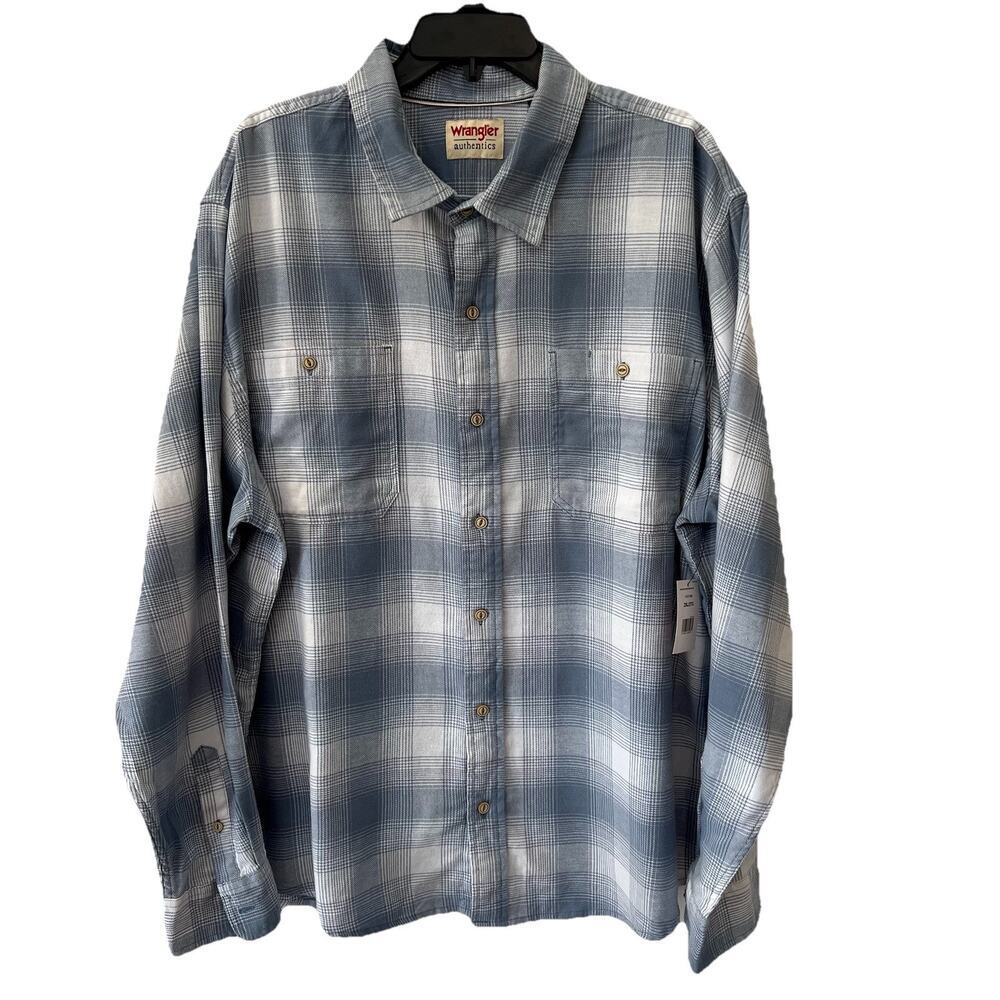 Wrangler Long Sleeve Button Up Mens Shirt‎ Flannel Western Shirt Blue NEW 2XL